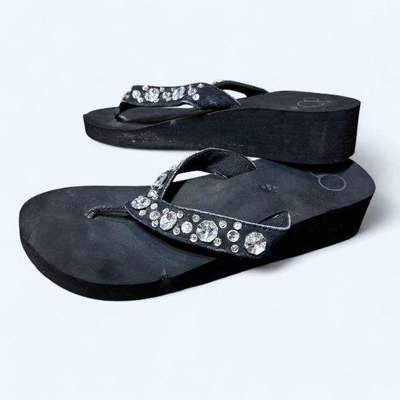 Y2K Black Bedazzled Platform Sandals by Op! - Picture 1 of 6